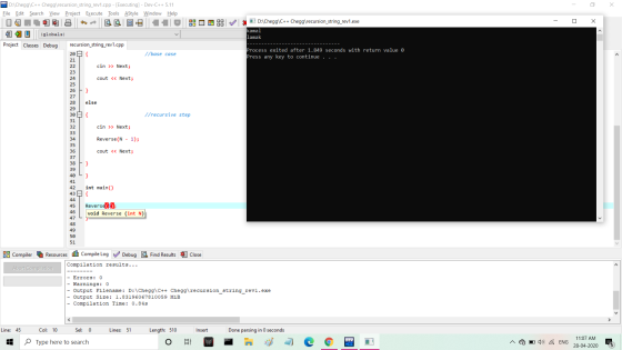 :: O : - 0 x DED: Chegg\C++ Chegg\recursion_string_rev1.cpp - [Executing] - Dev-C++ 5.11 File Edit Search View Project Execut
