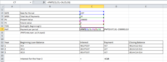 C7 fx =PMT(C2,C3,-C4,C5,C6) B А 10.07 10 [238000 Rate Per Period Total No.of Payments Present Value Future value Ending(0), B