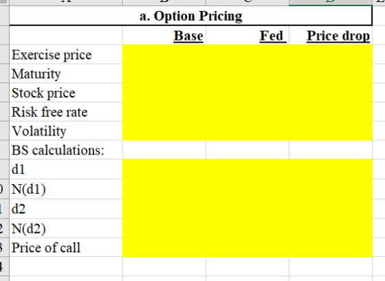 a. Option Pricing Base Fed Price drop Exercise price Maturity Stock price Risk free rate Volatility BS calculations: di N(dl)