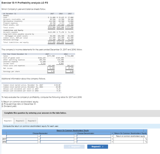Exercise 13-11 Profitability analysis LO P3 Simon Companys year-end balance sheets follow. 2017 2016 2015 At December 31 Ass