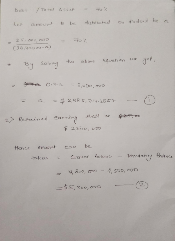 Debt / Total Asset = 70% het amount to be distributed a as dividend be 25,000,000 (38,70 90 od -a) = 70% & By solving the get
