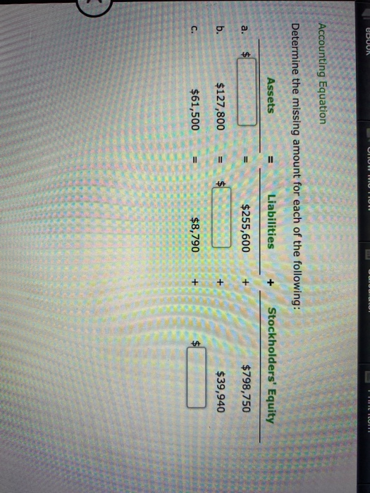 EDUUR Accounting Equation Determine the missing amount for each of the following: Assets Liabilities + Stockholders Equity a