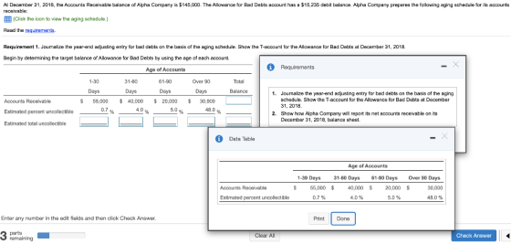 At December 31, 2018, the Accounts Receivable balance of Alpha Company is $145,000. The Allowance for Bad Debts account has a