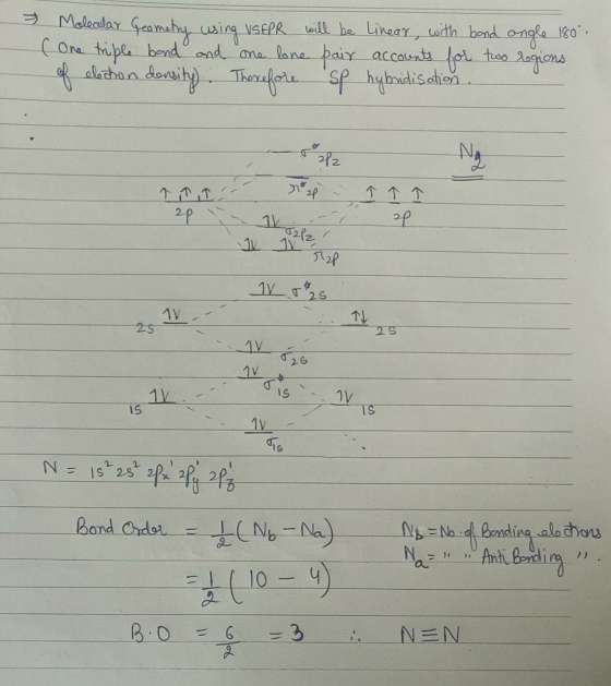 > Moleadar Geometry using VSEPR will be Linear, with bond angle 180 (One triple bond and one lone pair accounts regions of el