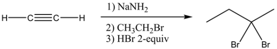 1) NaNH2
H—
=
—H
2) CH3CH Br
3) HBr 2-equiv
Br
