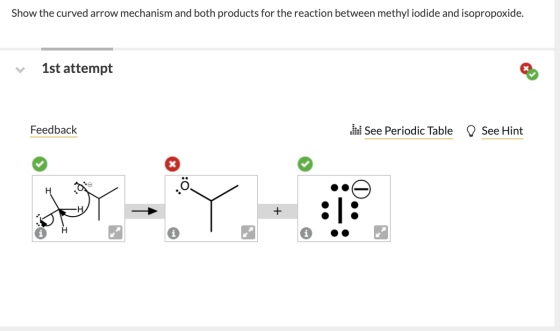 Show the curved arrow mechanism and both products for the reaction between methyl iodide and isopropoxide. V 1st attempt Feed
