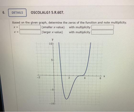 6. DETAILS OSCOLALG1 5.R.607. Based on the given graph, determine the zeros of the function and note multiplicity. (smaller x
