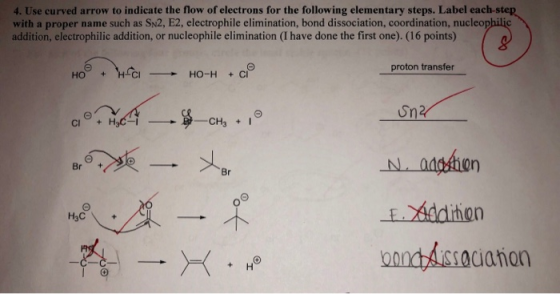 4. Use curved arrow to indicate the flow of electrons for the following elementary steps. Label each-st with a proper name su