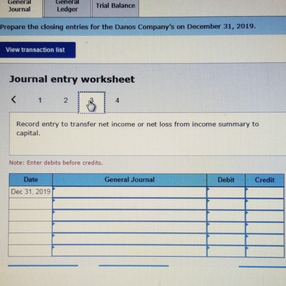 General Journal General Ledger Trial Balance Prepare the closing entries for the Danos Companys on December 31, 2019. View t