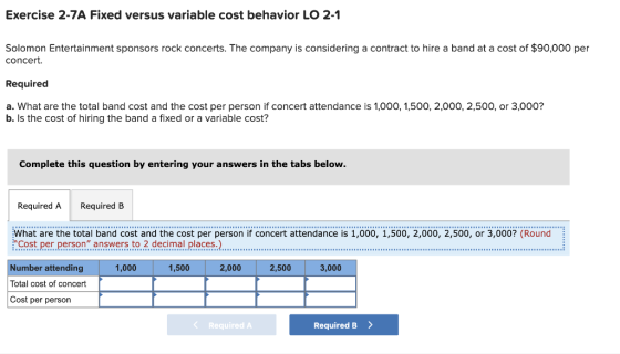 Exercise 2-7A Fixed versus variable cost behavior LO 2-1 Solomon Entertainment sponsors rock concerts. The company is conside