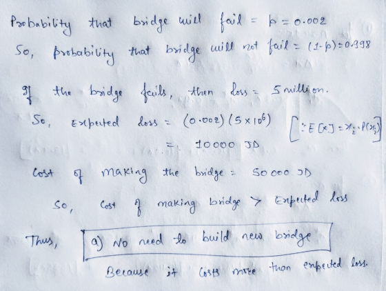 bridge will Probability that feil = b = 0.002 So, probability that bridge will not fail = (1-6)=0.998 of the bridge fails, th