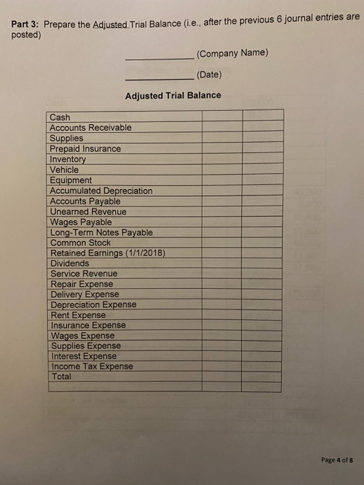 Part 3: Prepare the Adjusted Trial Balance (i.e., after the previous 6 journal entries are posted) (Company Name) (Date) Adju