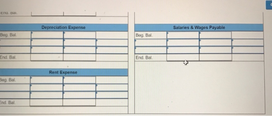 Eng bal. Depreciation Expense Salaries & Wages Payable Beg. Bal. Beg. Bal. End. Bal. End. Bal Rent Expense Beg. Bal. End. Bal