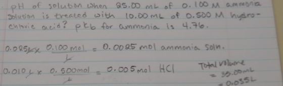 pH of solution when 25.00 mL of o. 100M ammonia solution is treated with 10.00mL of 0.500 M hydro- Chloric acio? pkb for ammo