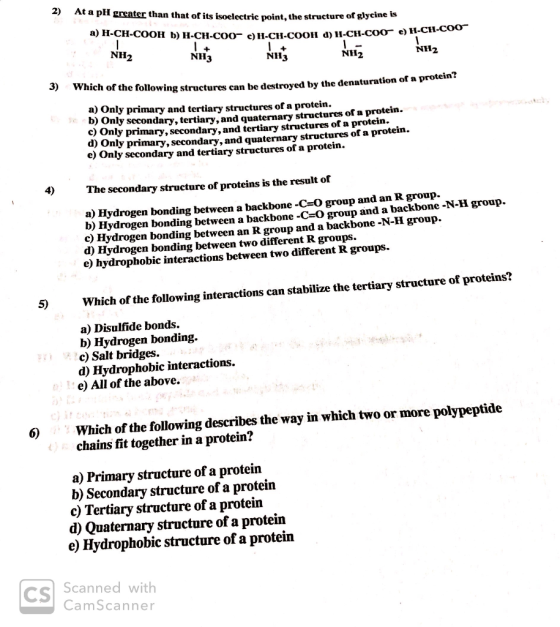 2) At a pH greater than that of its isoelectric point, the structure of glycine is a) H-CH-COOH b) H-CH-C00- c) H-CH-CO e) H-