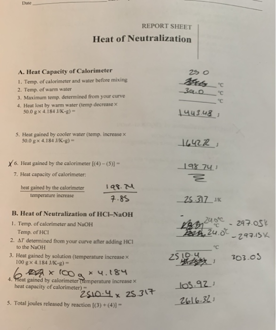 Date REPORT SHEET Heat of Neutralization 25 o A. Heat Capacity of Calorimeter 1. Temp. of calorimeter and water before mixing