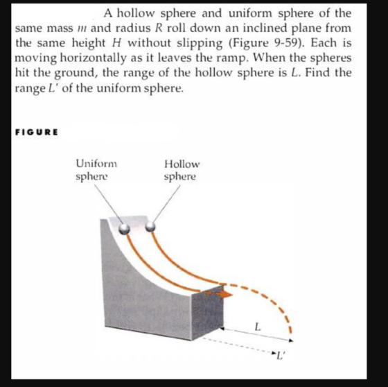 A hollow sphere and uniform sphere of the same mass m and radius R roll down an inclined plane from the same height H without