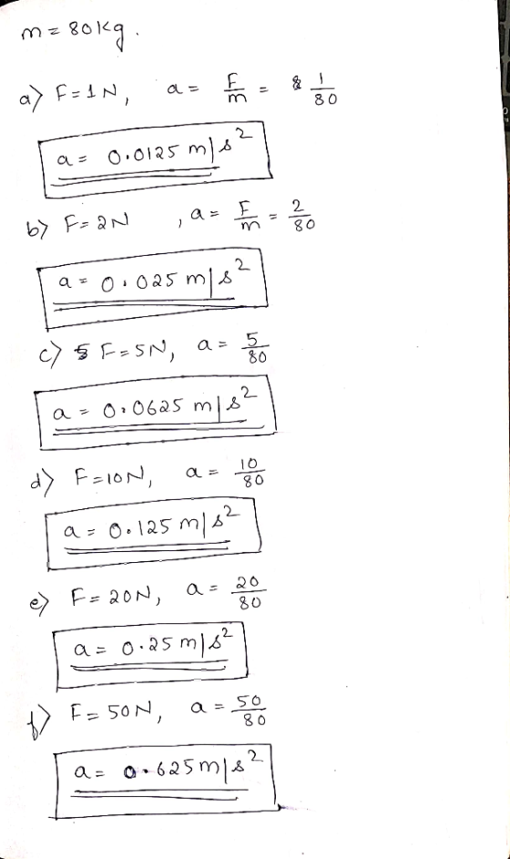 m= 80kg. a> F=1N, as pro = Ta=0.0125 m/s2 l a 0.01 by F=an , a = 7 th = 2/50 19-01025 m[8] c) &F=5N, a= 2 10 Ta=0:06a5 in 182
