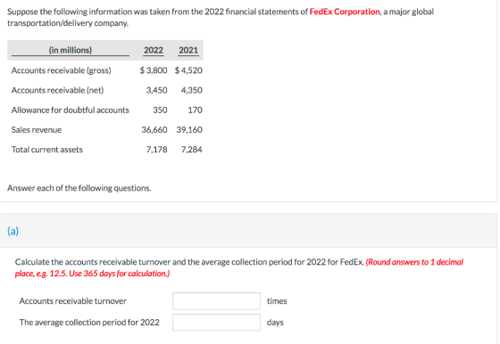 Suppose the following information was taken from the 2022 financial statements of FedEx Corporation, a major global transport