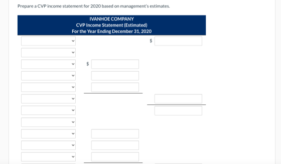 Prepare a CVP income statement for 2020 based on managements estimates. IVANHOE COMPANY CVP Income Statement (Estimated) For
