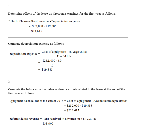Determine effects of the lease on Crescents earnings for the first year as follows: Effect of lease = Rent revenue - Depreci