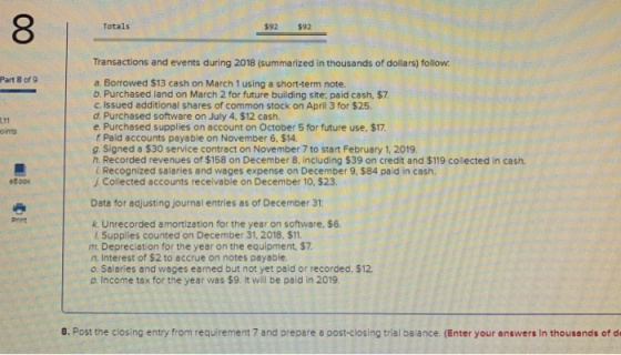 Transactions and events during 2018 (summarized in thousands of dollars) follow. Part 8 of 9 a. Borrowed $13 cash on March 1