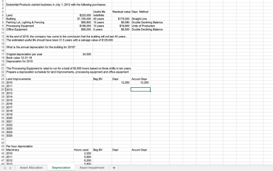3 Existential Products started business in July 1, 2012 with the following purchases: Residual value Depr. Method 6 Land 7 Bu