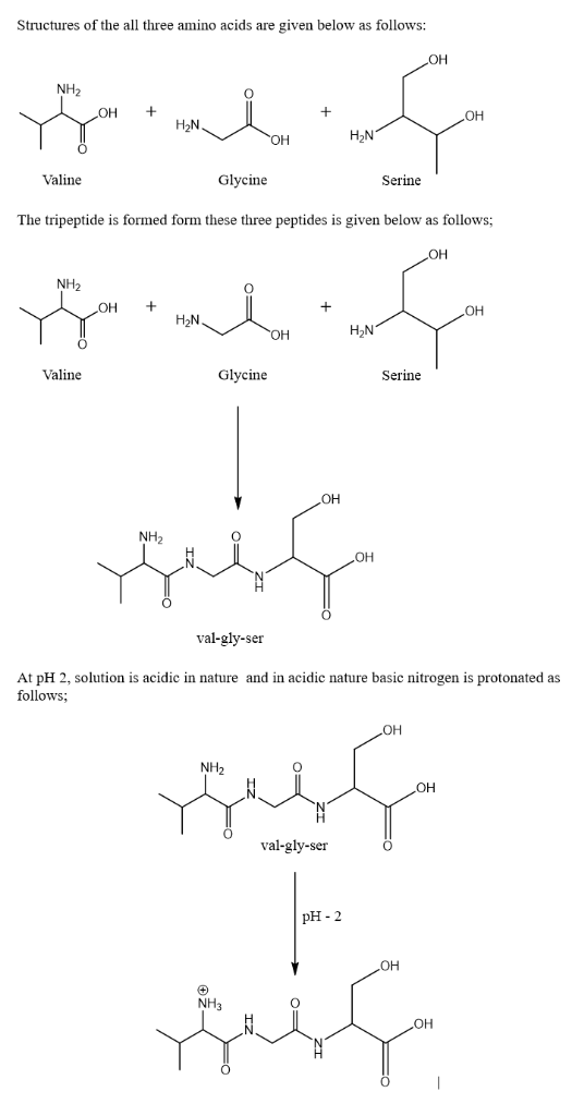 Structures of the all three amino acids are given below as follows: OH NH2 OH OH НaN Н>N OH Valine Glycine Serine The tripept