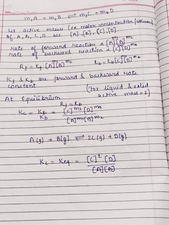 Date M, A + m, B e mac + m₂ D het active masses lie molar concentration (volume Of A, B, C, D ale fal [B] ] rate of forward r
