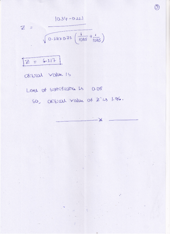 10.34-0.22) Z = [0.28x0.72 (108s + ies) z = 6.217 | coitical value is Level of 5:9nificone is 0.05 so, coitical value of zis