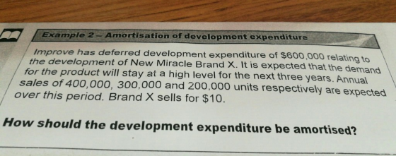 Example 2 Amortisation of development expenditure Improve has deferred development expenditure of $600,000 relating to the development of New Miracle Brand X. It is expected that the demand for the product will stay at a high level for the next three year sales of 400,000, 300,000 and 200,000 units respectively are expected over this period. Brand X sells for $10 s. Annual How should the development expenditure be amortised?
