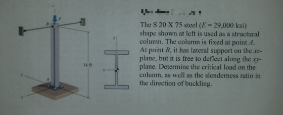 The S 20 X 75 steel (E= 29,000 ksi) shape shown at left is used as a structural column. The column is fixed at point A. At point B, it has lateral support on the xz- plane, but it is free to deflect along the xy- plane. Determine the critical load on the column, as well as the slenderness ratio in 14 ft the direction of buckling.