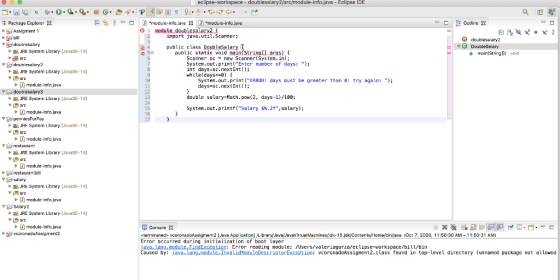 SIC 7 19 11 12 src eclipse-workspace - doublesalary2/src/module-info.java - Eclipse IDE HG2GP Package Explorer X B J module-