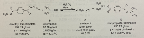 H2SO4 Heat нас 2 CH-OH H₂ CH-0 2 H3C-OH + H2C CR A C | CH3 0-CH. нас CH3 dimethyl terephthalate 194.19 g/mol d = 1.075 g/mL b