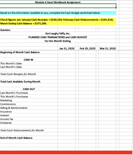 Module 6 Excel Workbook Assignment Based on the information available to you, complete the Cash Budget worksheet below: Check