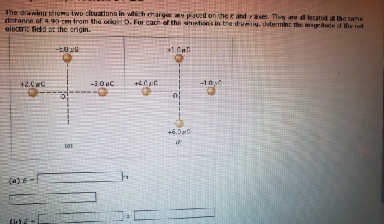 The drawing shows two situations in which charges are placed on the x and y axes. They are all located at distance of 4.90 cm from the origin O. For each of the situations in the drawing, determine the magnitude of the net electric field at the origin. the same -50 μ C +2.0 μ C -3.0 uC +40uC 0 0 +6.0uC ta) (a) E-