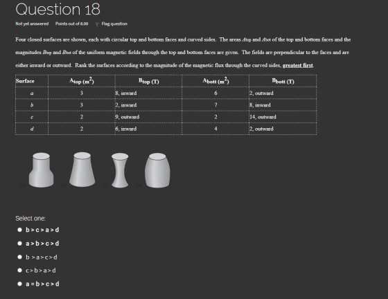 Question 18 Not yet answered Points out of 8.00 Flag question Four closed surfaces are shown, each with circular top and bott