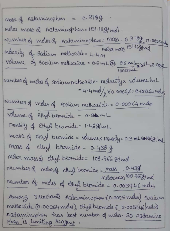 mass of Acetaminophen = 0.3789. molar mass Q Aataminophen= 151.169/mol. number of moles of Acetaminophene mass - 0.31880 .002