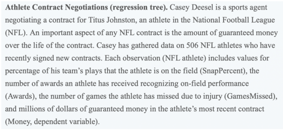 Athlete Contract Negotiations (regression tree). Casey Deesel is a sports agent negotiating a contract for Titus Johnston, an