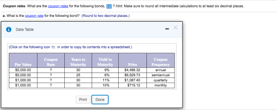 Coupon rates. What are the coupon rates for the following bonds, E? Hint: Make sure to round all intermediate calculations to