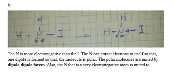 The N is more electronegative than the I. The N can attract electrons to itself so that, one dipole is formed so that, the mo