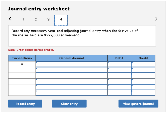 Journal entry worksheet < 1 2 3 Record any necessary year-end adjusting journal entry when the fair value of the shares held