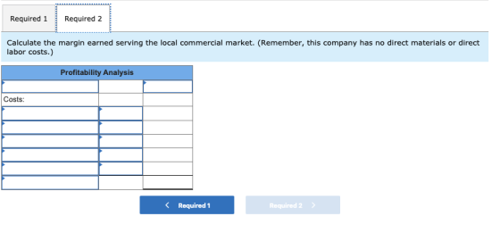 Required 1 Required 2 Calculate the margin earned serving the local commercial market. (Remember, this company has no direct