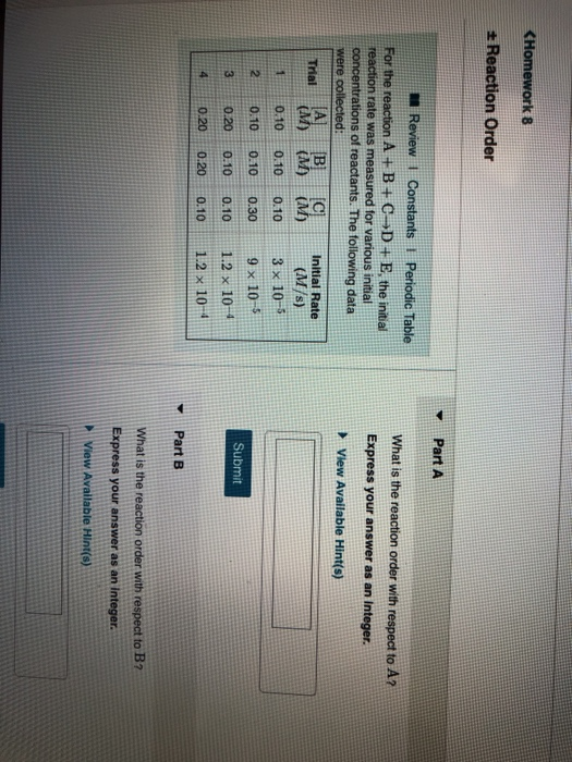 Reaction Order Part A Review 1 Constants I Periodic Table What is the reaction order with respect to A? Express your answer a