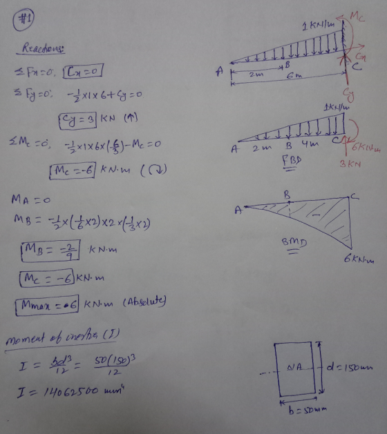 #1 Mc 1 kN/m *B Reactions: & Fnzo, Carol ² fy=0) - {x1x 6+ (y=0. 2-m 6m G skilmi (y= 3 KN (11) A 2 m Бkt <Me =0, x1x6x (&) -