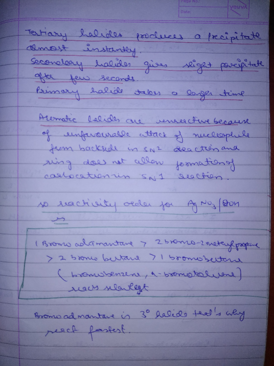 Page No.: Date: Tertiary halides produces a precipitate almost instantly Secondary halides gires slight poccipitate after few