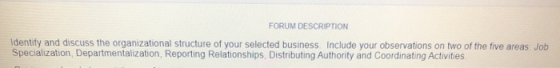 FORUM DESCRIPTION Identify and discuss the organizational structure of your selected business. Include your observations on t
