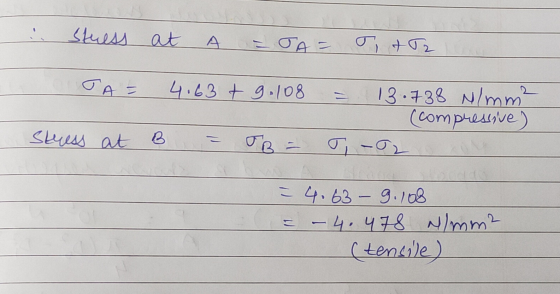 stuess at A J & J 2 JA= 4.63 +9.108 13.738 N/mm² (compressive) T-02 Stuess at B JB = = 4.63-9.108 - 4.478 N/mm² (tencile)