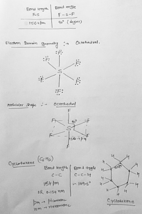 Bond length | Bond angle ES F-s-F 156-4 pm 90° (degree) Election Domain geometry i Octathedral, Molecular Shape - Octaheday 1