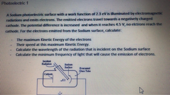 Photoelectric 1 A Sodium photoelectric surface with a work function of 2.3 eV is illuminated by electromagnetic radiations an